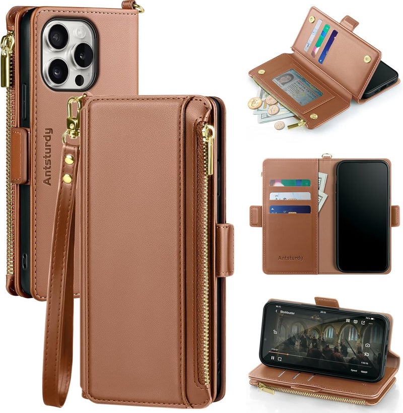 Antsturdy Compatible with iPhone 16 Pro Max Wallet Case,RFID Blocking PU Leather Phone Case Women Men Kickstand flip Cover Wrist Strap Zipper Credit Card Holder Slots for Apple 16 ProMax,Light Brown - Image 1